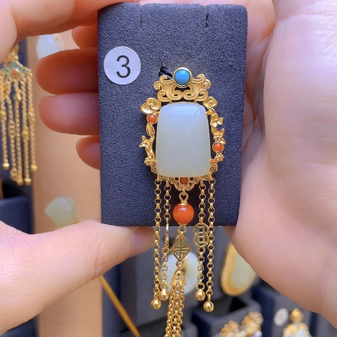 和田玉颈饰银S925镀金镶嵌