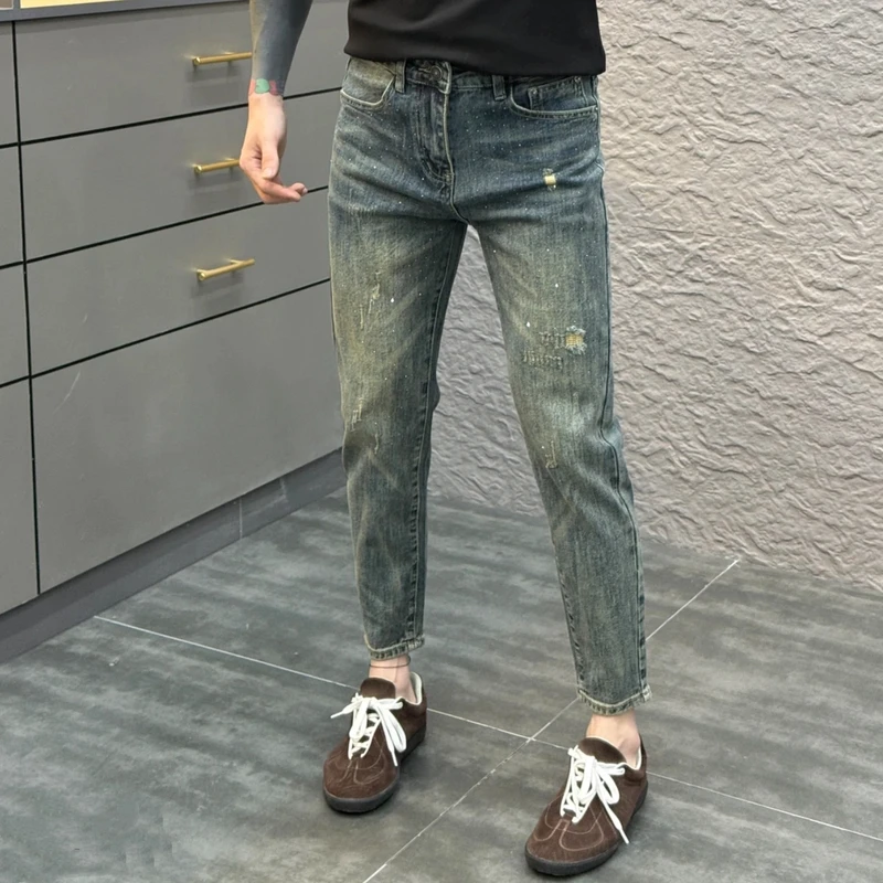 秋季潮牌破洞星空烫钻新款男士复古时尚修身潮流弹力小脚休闲裤子