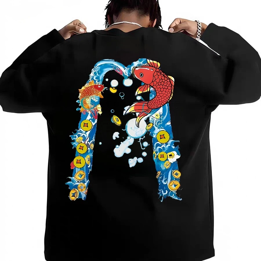 XFUSHENFVISU潮牌长袖T恤新款男女鲤鱼大M印花纯棉宽松圆领打底衫