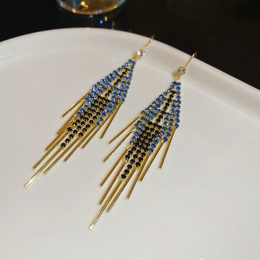 黄铜陶瓷耳饰 OJ镶钻菱形流苏耳环女法式小众百耳钩个性时尚气质