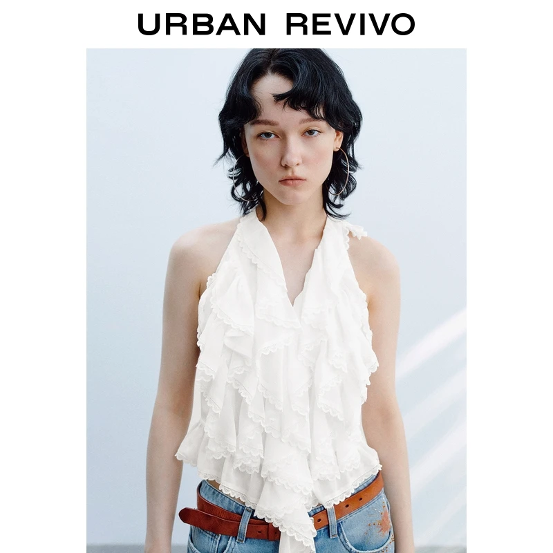 UR2025秋季新款女装拼接蕾丝荷叶边挂脖系带吊带衫UYL250106