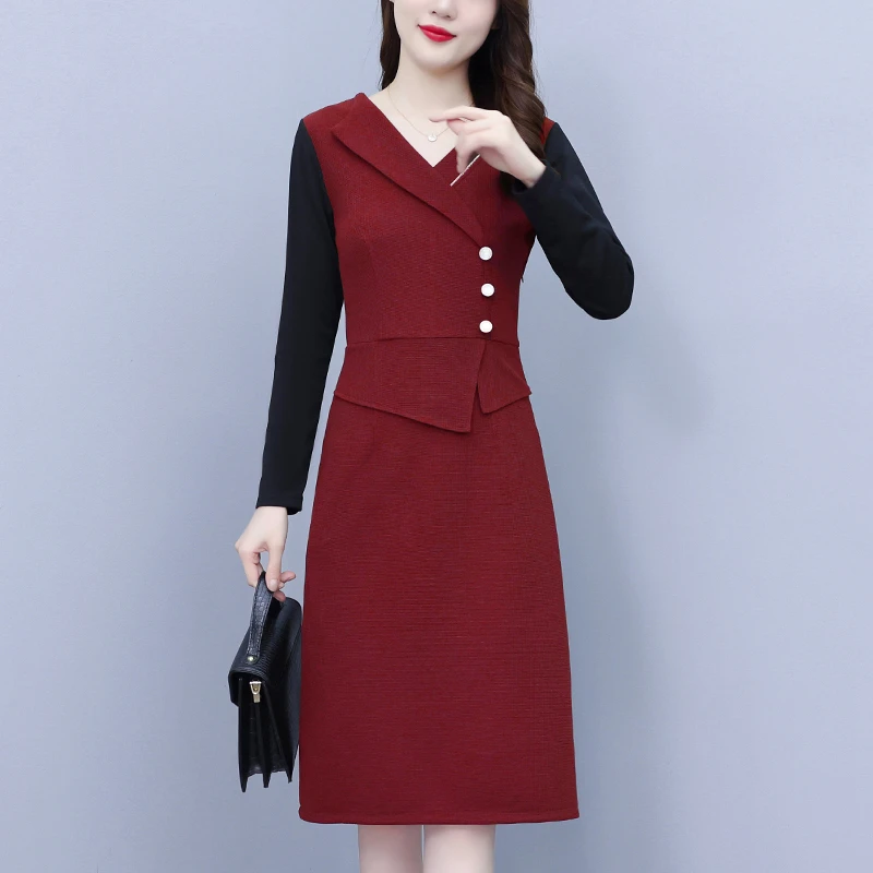 大码女装2025秋冬胖针织拼接领修身简约洋气包臀长袖连衣裙女