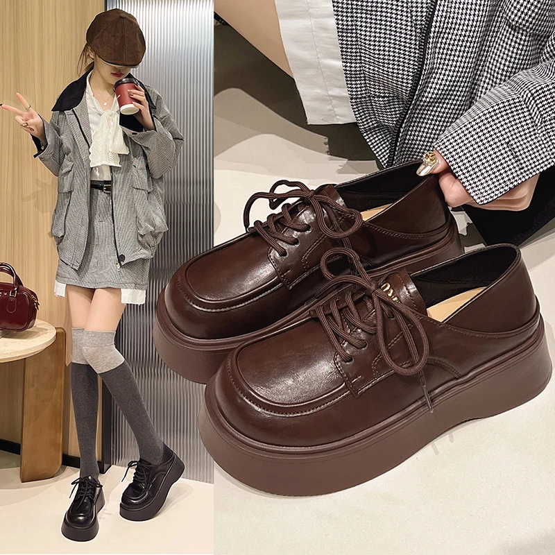 厚底小皮鞋女春秋季2025新款增高一脚蹬乐福鞋英伦风两穿松糕单鞋