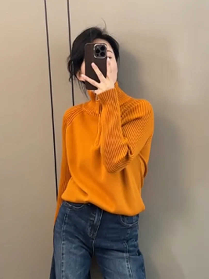 慵懒风半拉链高领橘色长袖女2025年秋季新款时尚显瘦百搭针织毛衣