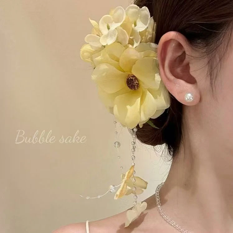 夏日柔光 超仙黄色芙蓉花流苏发夹女高级感侧边夹后脑勺头花发饰