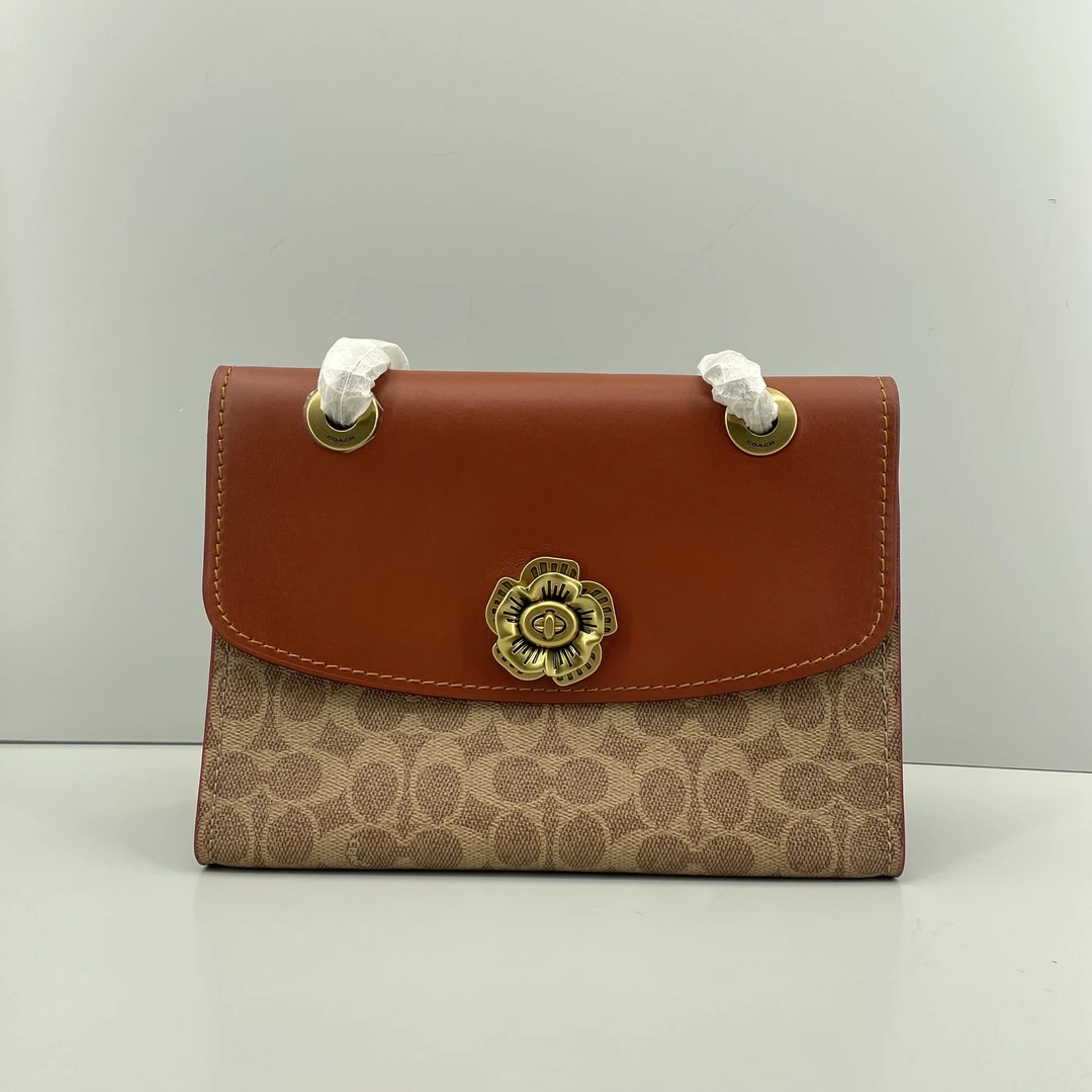 95新 COACH/蔻驰  小林/山茶花红棕链条包（瑕疵26*18*10cmB012704