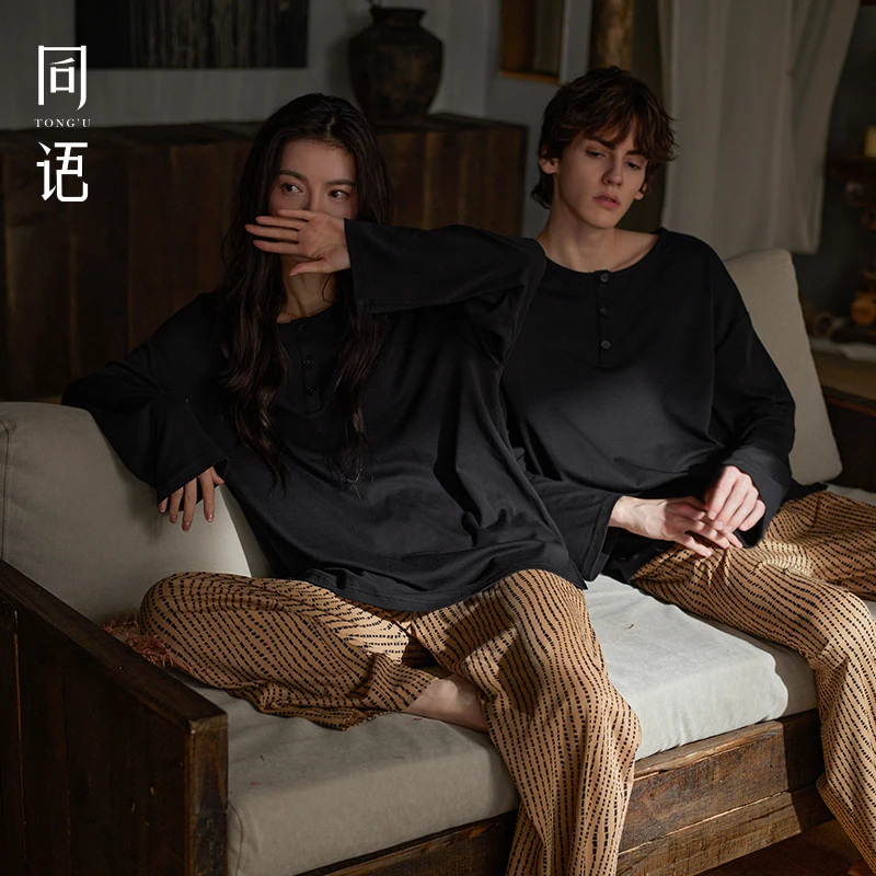 同语情侣睡衣女款春秋季双面紧赛棉睡衣纯棉长袖套装男条纹家居服