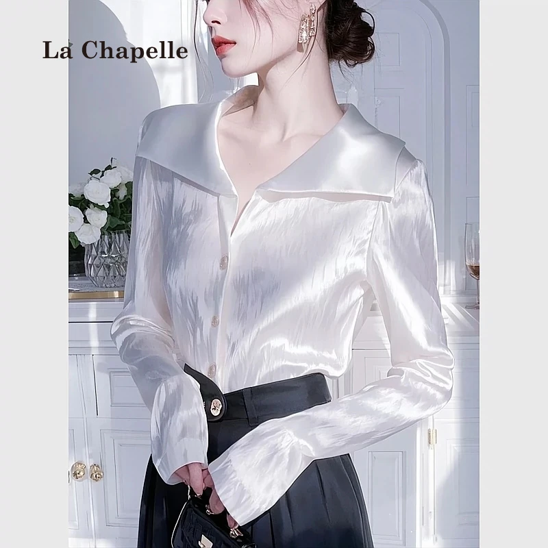 拉夏贝尔洋气高端白色长袖缎面衬衫女款2025早春新款法式职业衬衣