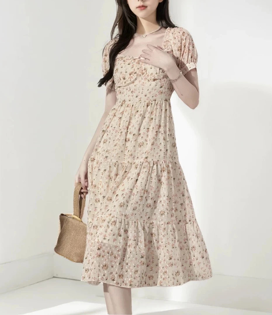 418 温柔风碎花连衣裙法式方领泡泡袖收腰显瘦气质长裙（A18）