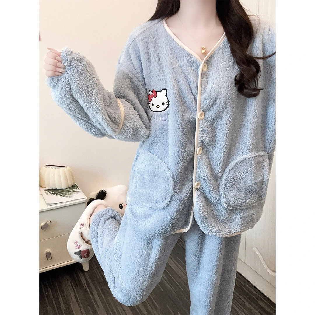 KT猫睡衣女冬季可爱风开衫保暖长毛绒少女外穿冬天新款家居服套装