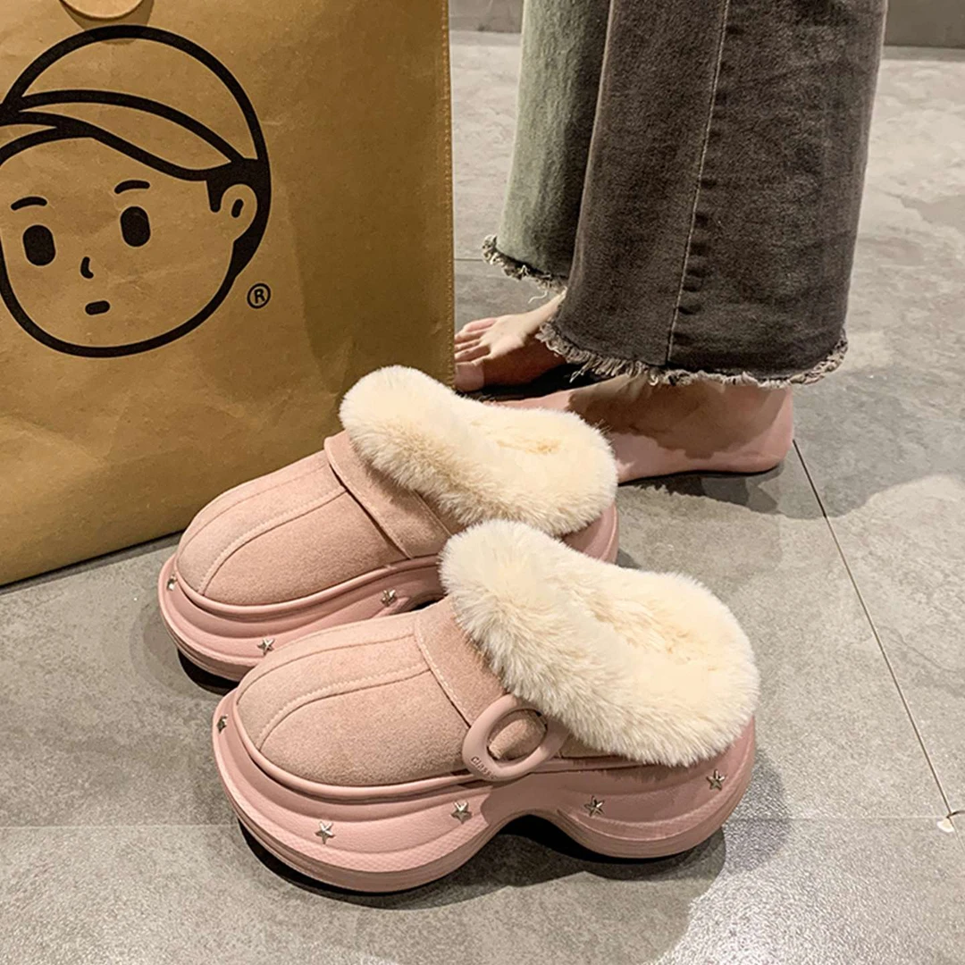 棉鞋女款冬季外穿加绒加厚保暖棉拖鞋厚底增高家居防滑包头毛毛鞋