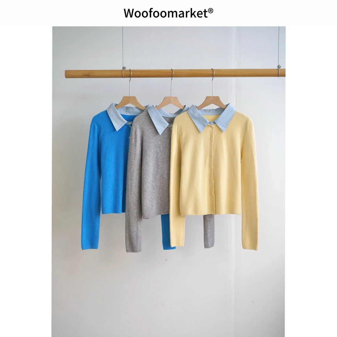 【海街日集】假两件撞色小翻领针织上衣女秋冬新款AWMY479