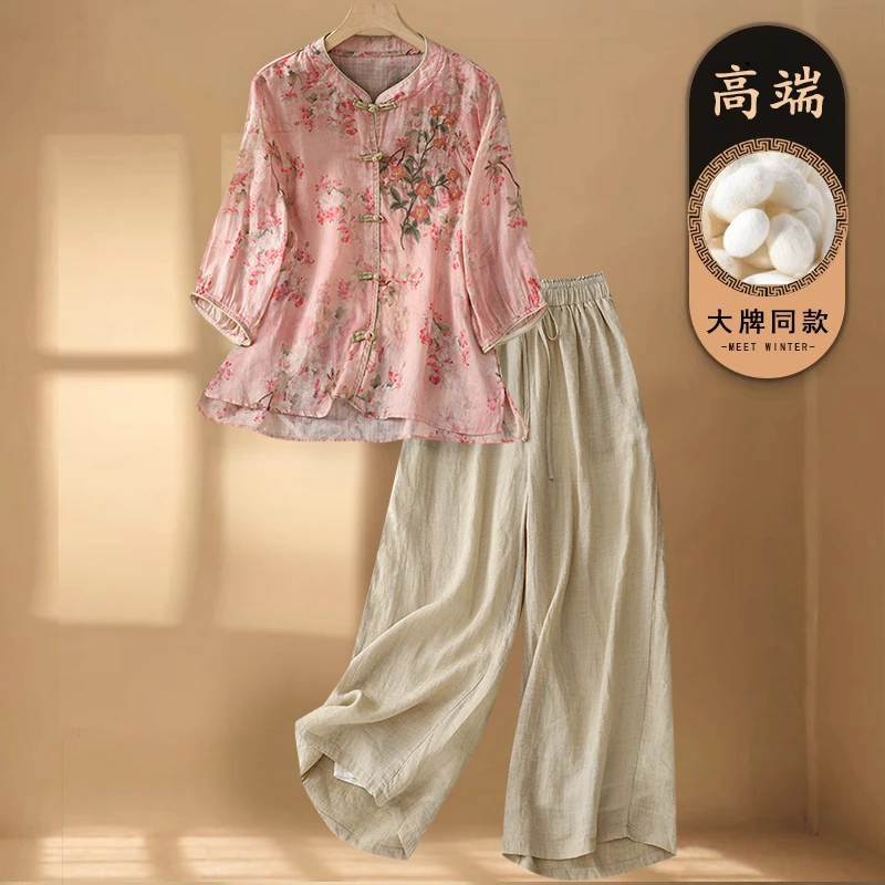 新中式国风亚麻套装女士夏装中年妈妈高端漂亮苎麻碎花衬衫两件套