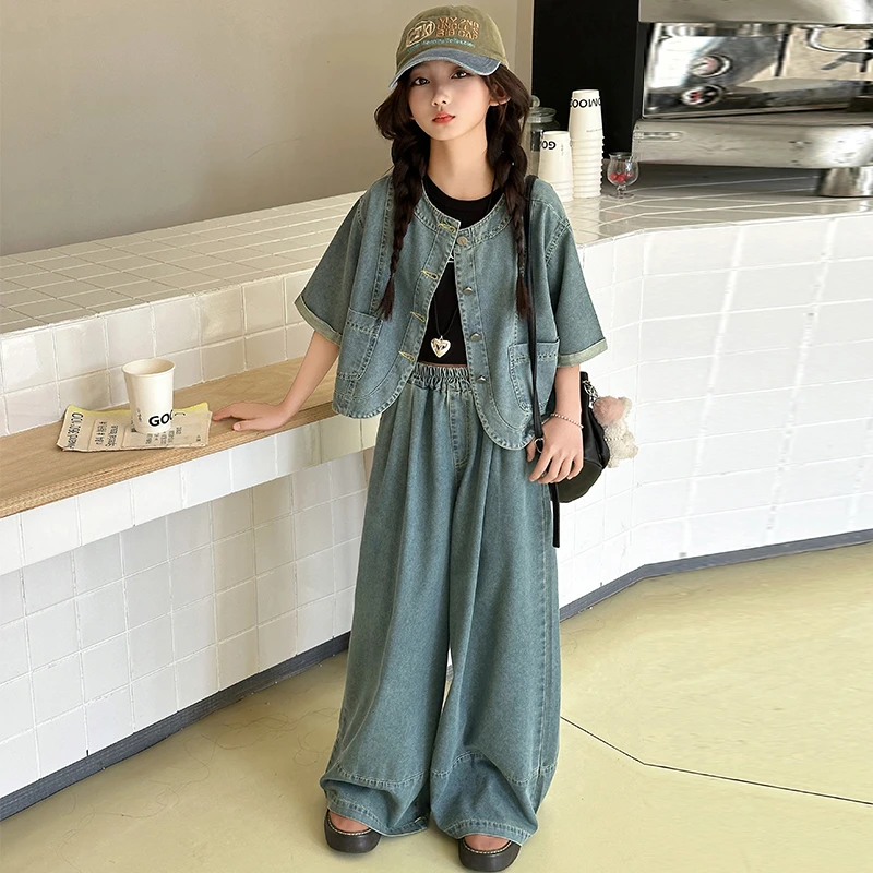 女童夏装套装2025新款儿童洋气时髦网红牛仔夏季女孩衣服两件套潮