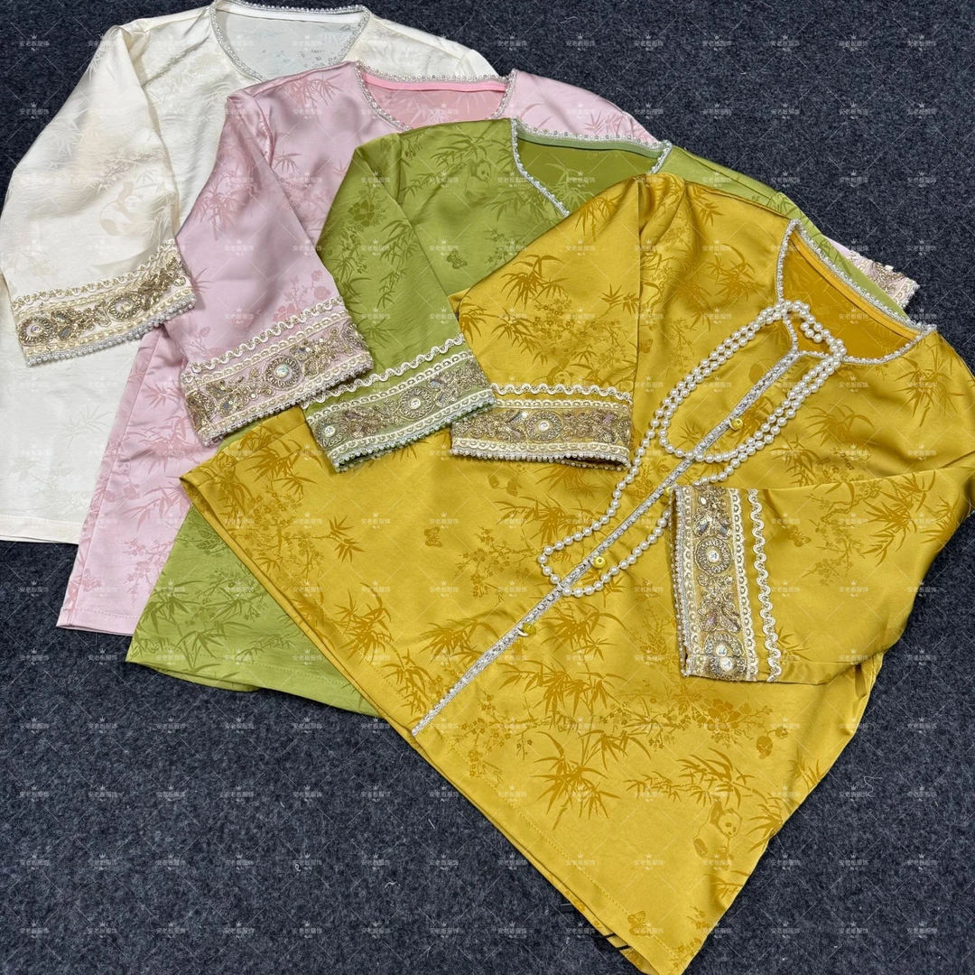 48H新中式圆领提花开衫衬衫女2025夏季新款洋气国风绣花拼接外套