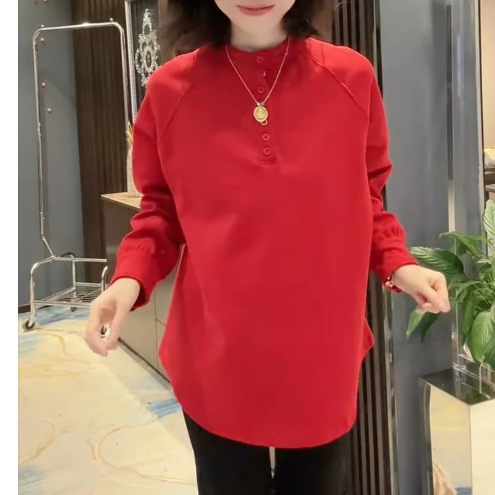 4855宽松打底百搭常规款卫衣荷叶领上衣高领长袖女装红色拼接