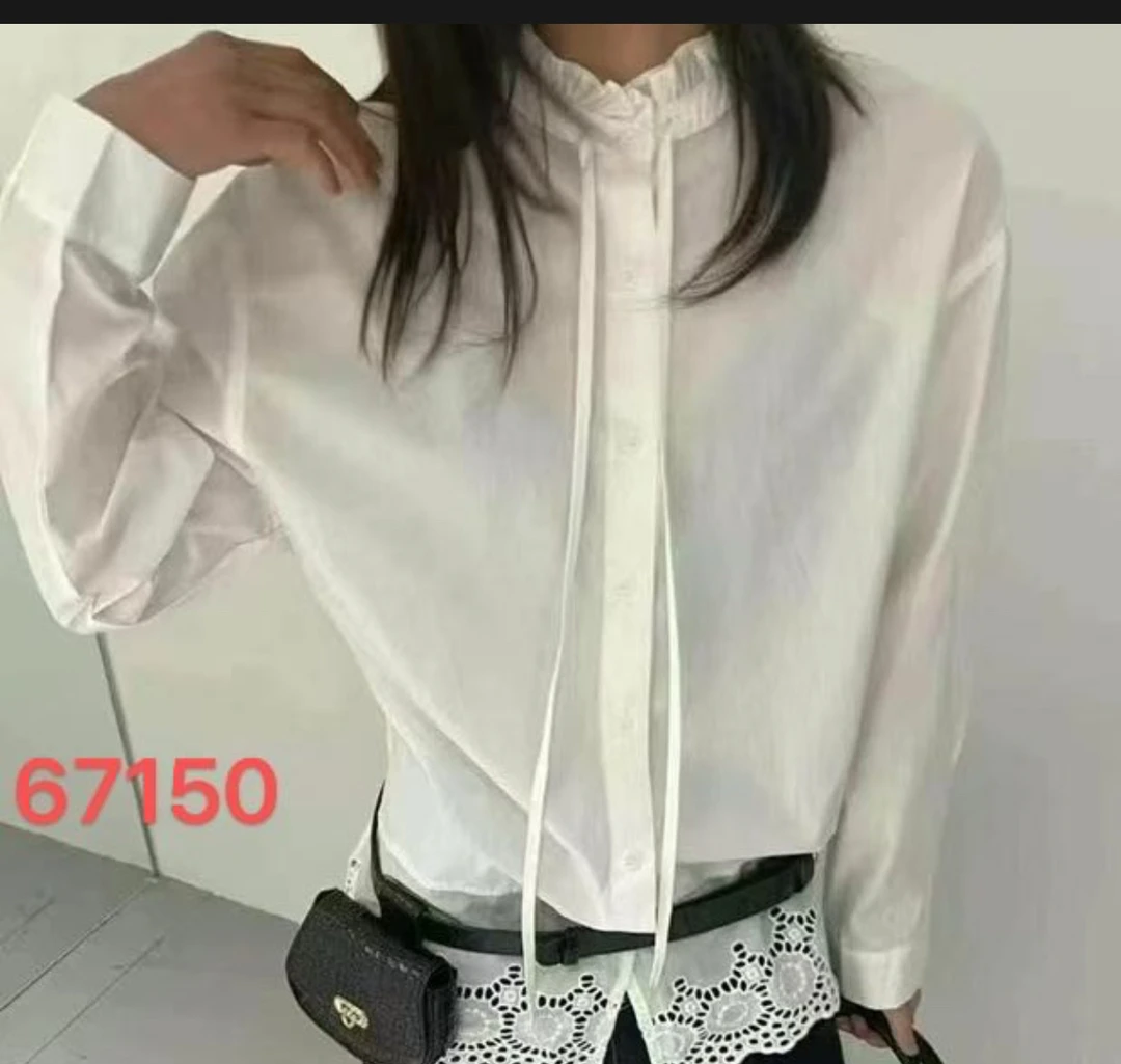KK木耳边系带白衬衣软糯亲肤衬衫立领上衣67150