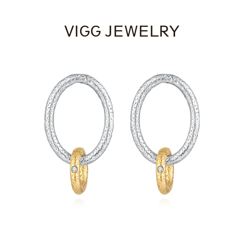 VIGG 925银合成锆石耳饰 双星环耳钉 时尚简约百搭饰品