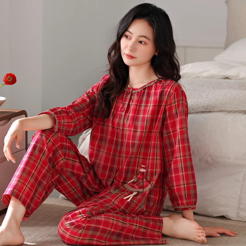 睡衣女春秋款纯棉九分袖长裤套装新款秋季秋天外穿大码女士家居服