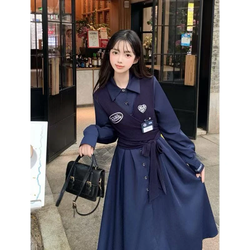大码高知风假两件式衬衫连衣裙秋季新款系带收腰显瘦A字百褶长裙