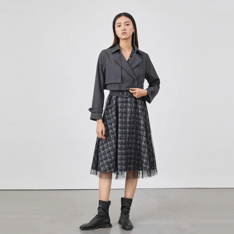 S·DEER圣迪奥秋季时尚格纹拼接复古高级感女装连衣裙S223Z1426