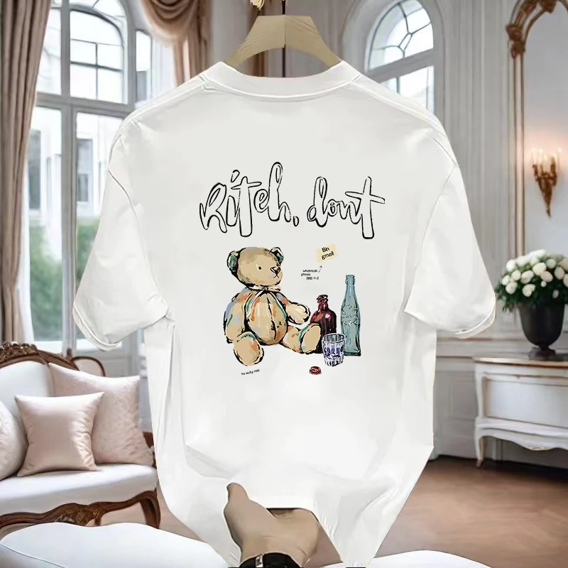 短袖上衣夏季潮牌宽松小熊印花圆领短袖恤男百搭白色印花美式恤