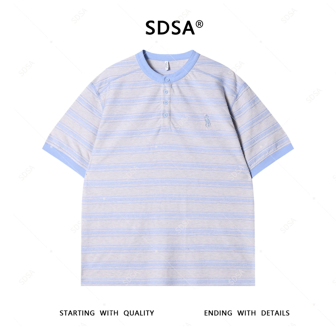 夏季高级感新款男士休闲撞色条纹半纽扣刺绣标短袖T恤简约上衣