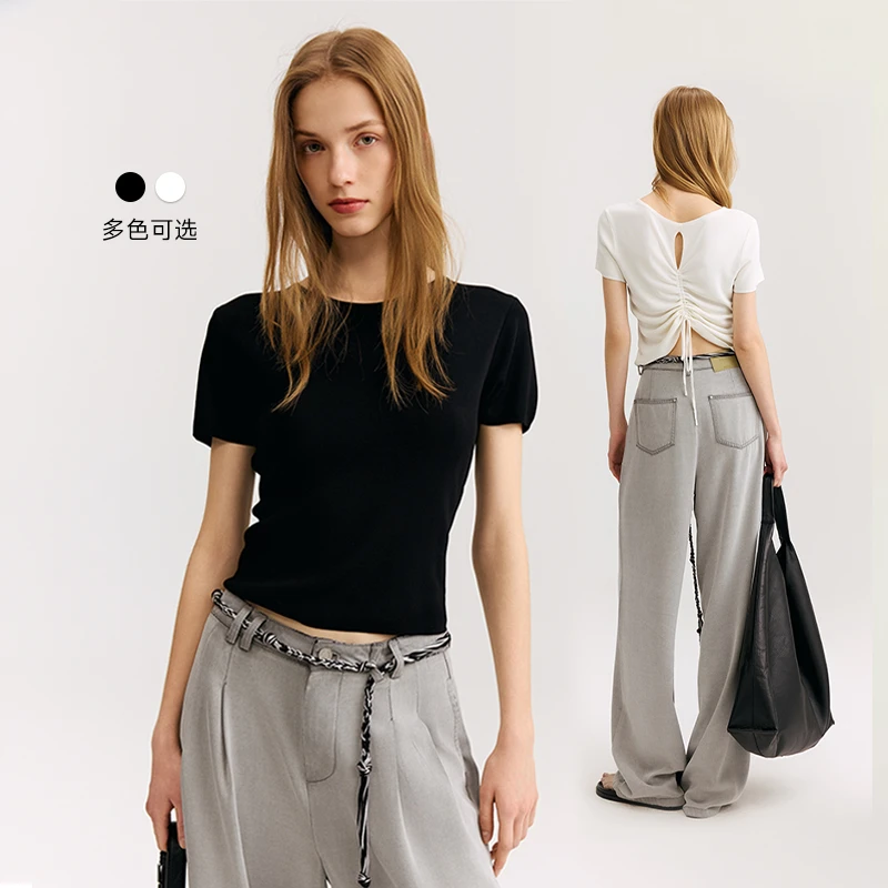 MSLAN2025年夏季新款显瘦休闲后背可调节抽褶毛织套衫MHBN567