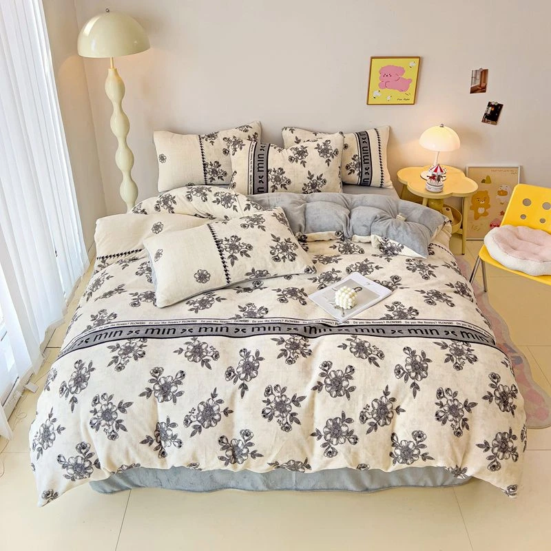 MR 0974 新款牛奶绒印花系列四件套 花季-灰