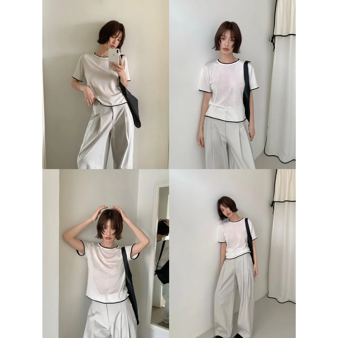 912#非町#万能搭~韩系简单撞色系短袖上衣（福利）