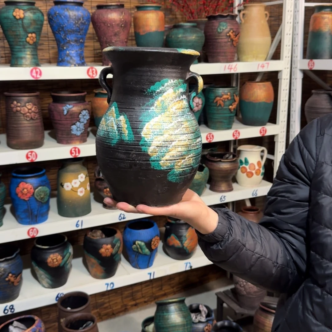 红陶红陶浮雕花盆炸炸炸