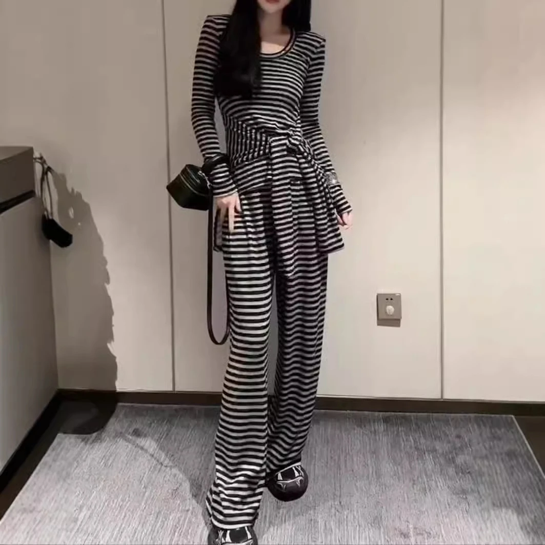 秋季新款韩版时尚套装修身系带显瘦两件套女
