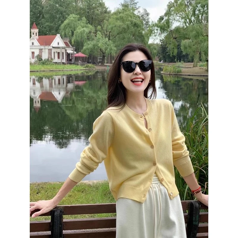 黄色长袖针织开衫外套女2025春秋时尚高级感气质休闲显瘦短款上衣