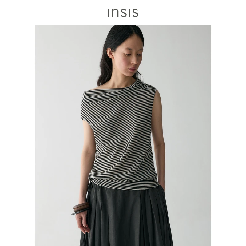 【INSIS FEMME】noundnound文艺感非对称细条纹T恤上衣女25夏季新款