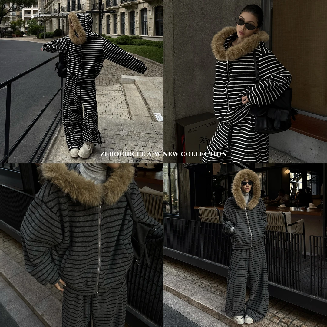 野生zerocircle 毛领卫衣外套两件套装女阔腿休闲裤S39035E54