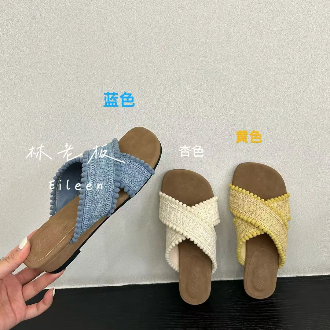 波西米亚风编织拖鞋3CM坡跟一字凉拖沙滩度假女鞋夏季外穿