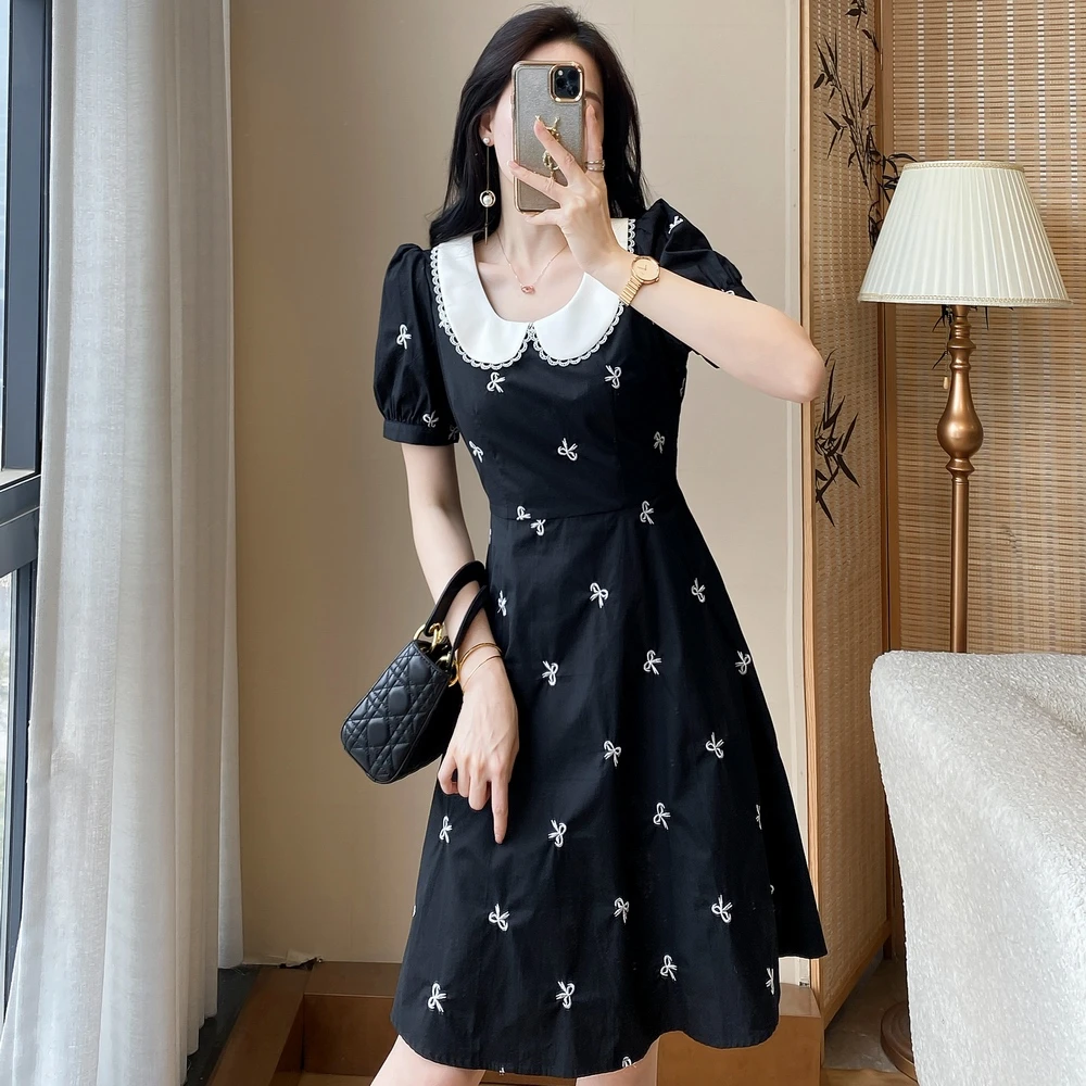 夏季娃娃领连衣裙长裙2025新款气质温婉大方衣服碎花小黑裙子女夏