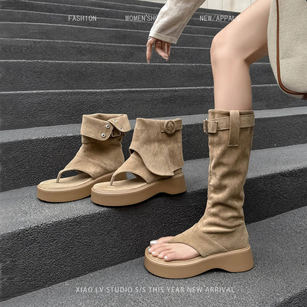 靴子女粗腿大码厚底堆堆靴女短靴潮夏季胖mm长筒靴大筒围夹趾凉靴