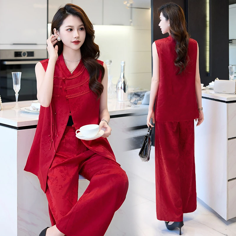 新中式国风套装女2025夏季新款高级感时尚洋气马甲阔腿裤子两件套