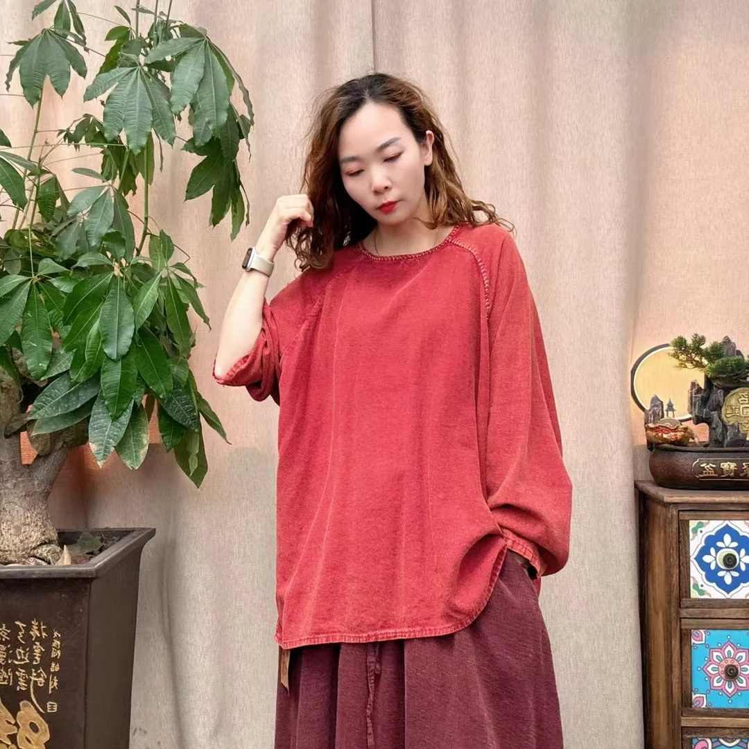 花璟原创设计复古炒色做旧领口刺绣上衣（衣长76胸围145）