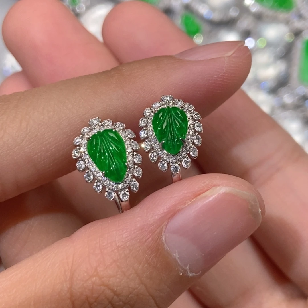 翡翠18K金镶嵌耳饰天然缅甸A货翡翠