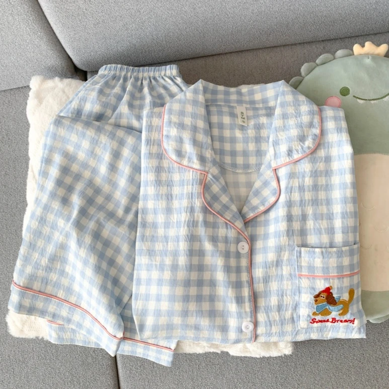 【春秋特价云朵绵】格子卡通腊肠狗睡衣女长袖两件套宽松大码家居服