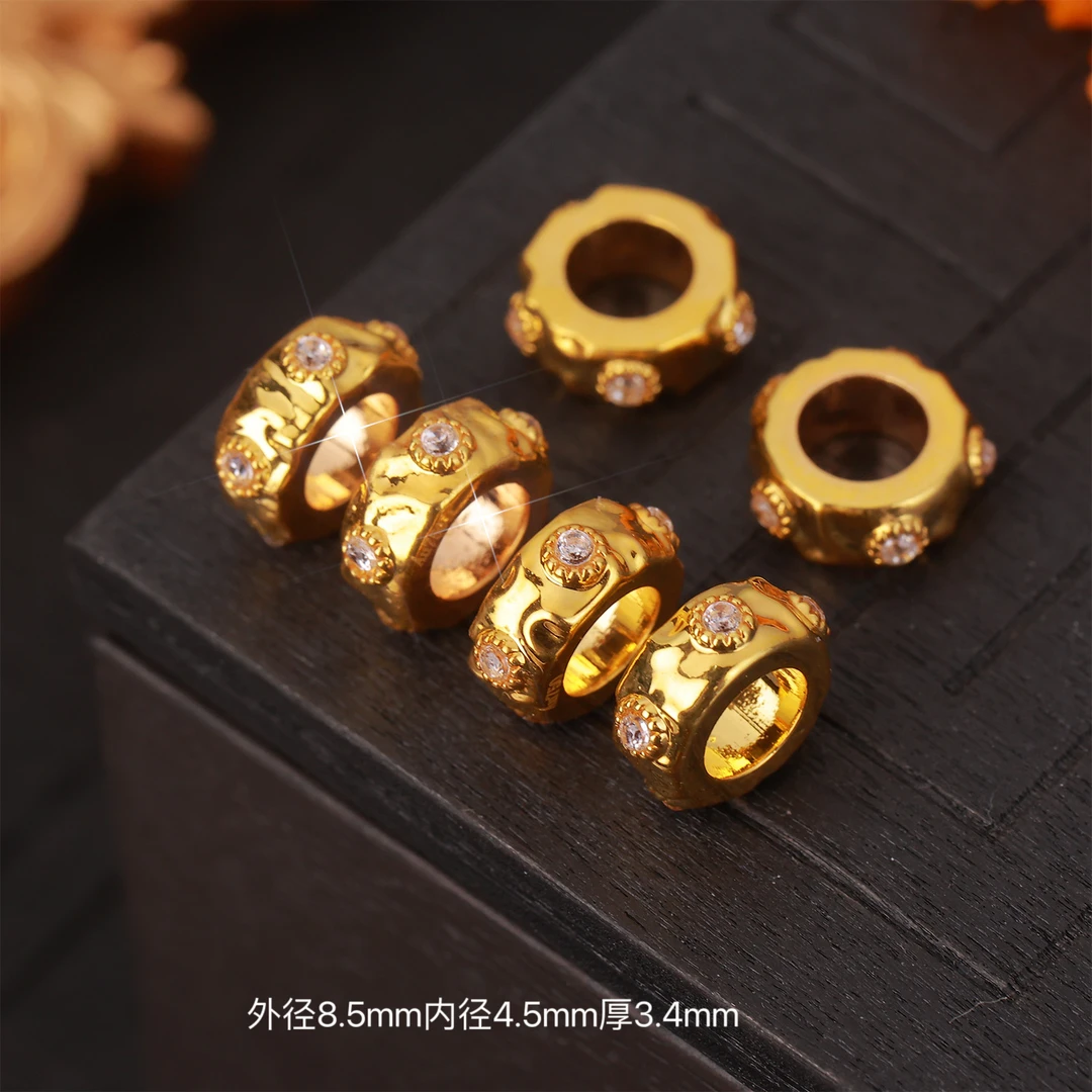 【来福工厂】18k金豪镶爆闪锤纹卡环跑环大孔隔珠隔片DIY文玩配饰