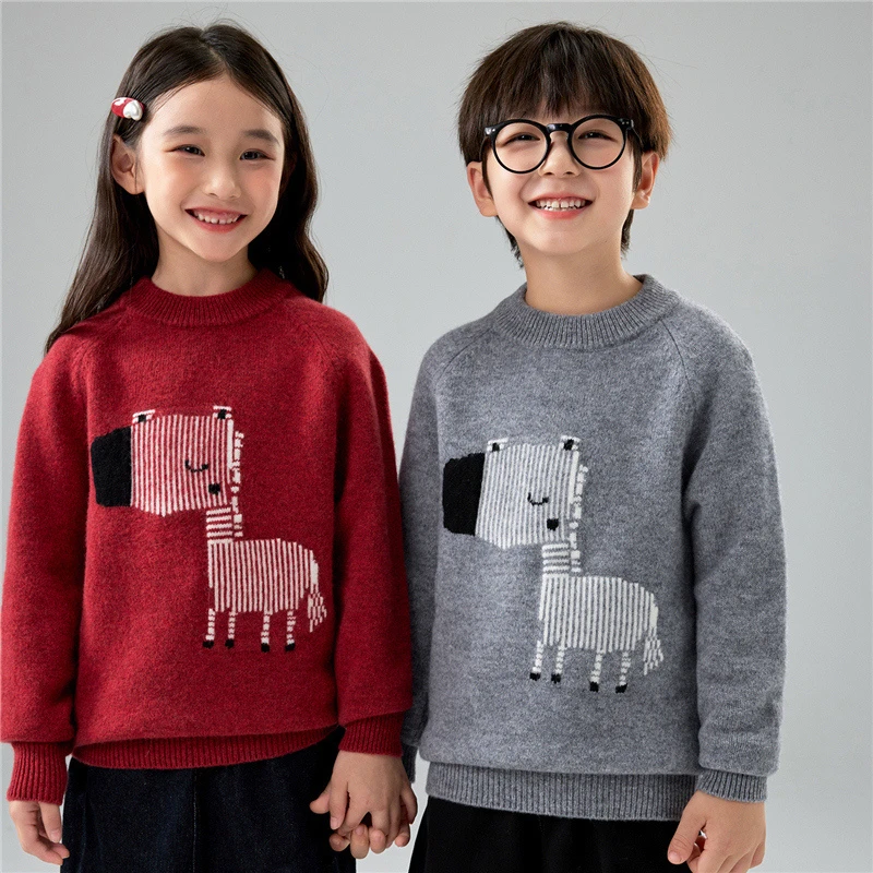 秋冬100%纯羊毛衫童装圆领套头加厚款男女儿童宝宝小马图案针织衫