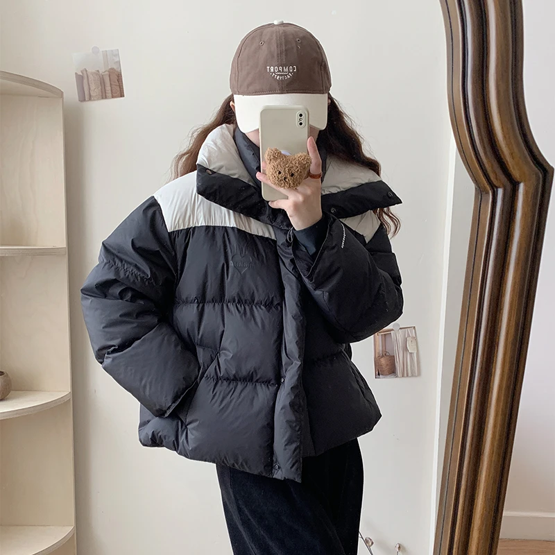 爆款棉服女短款2024冬季新款宽松韩版拼色加厚面包服爱心图案外套