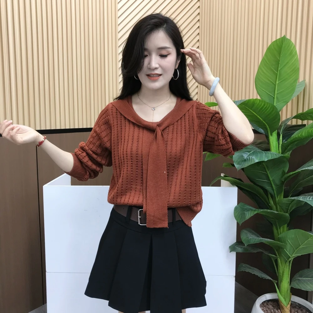 小香风套头白色圆领坑条毛衣女春秋穿搭短款慵懒风针织衫薄款上衣