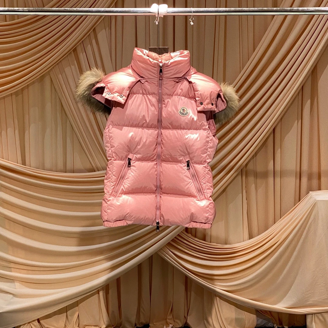99新 MONCLER Gallinule粉色徽标logo狐狸毛领羽绒马甲/1码/33739