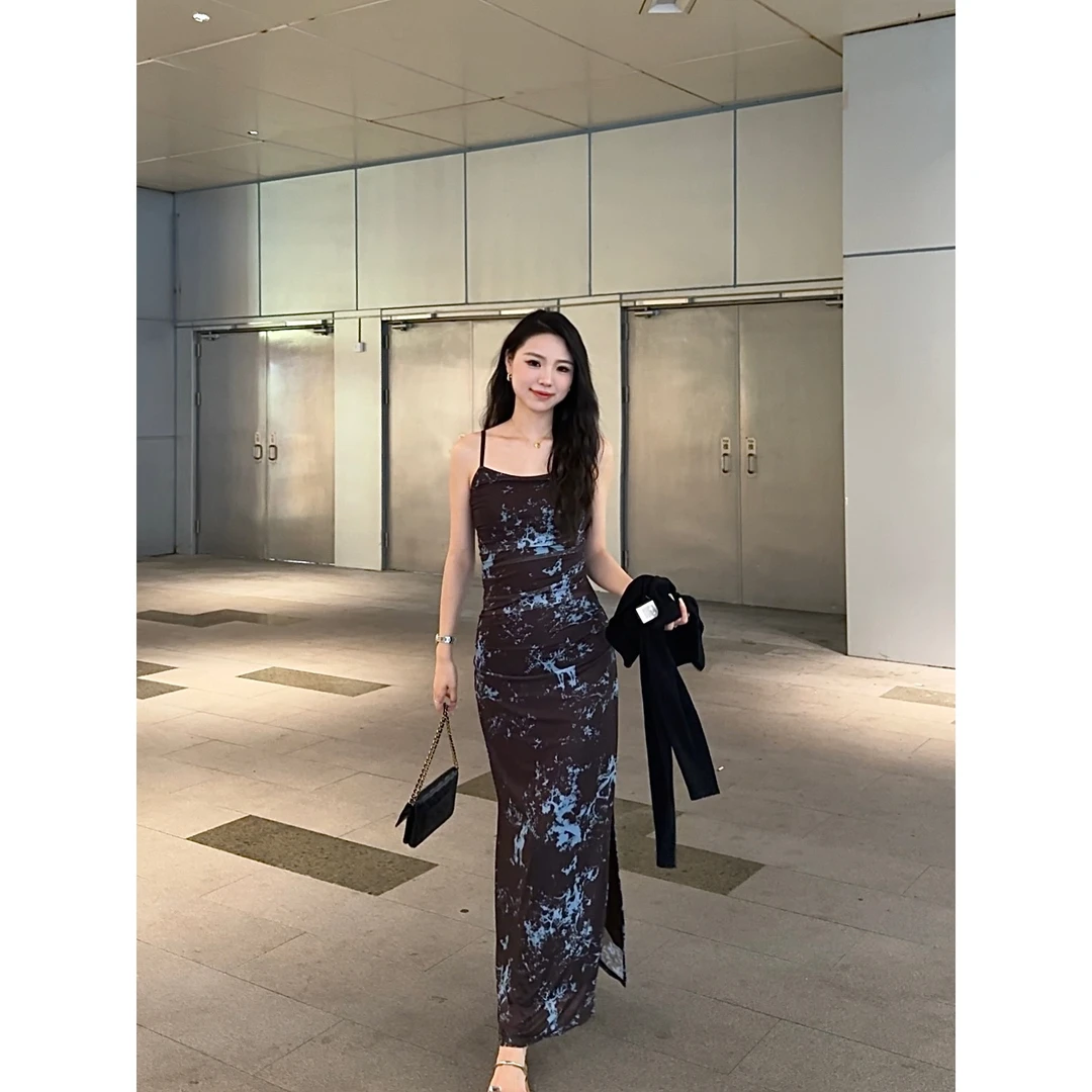 48h【墨染裙】加长高级感墨染复古修身开叉包臀新款吊带长裙 su319