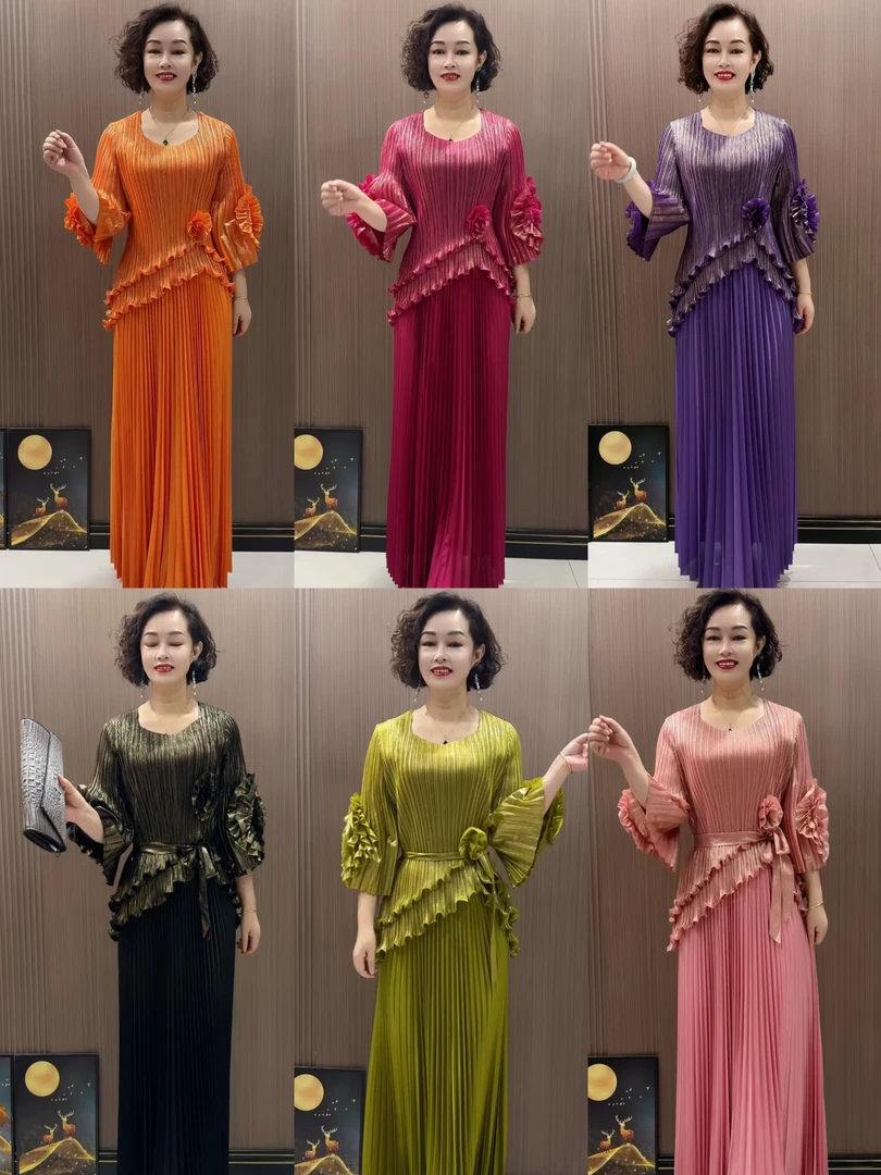 25207款雪：时尚气质显瘦性感分休褶皱两件套套装