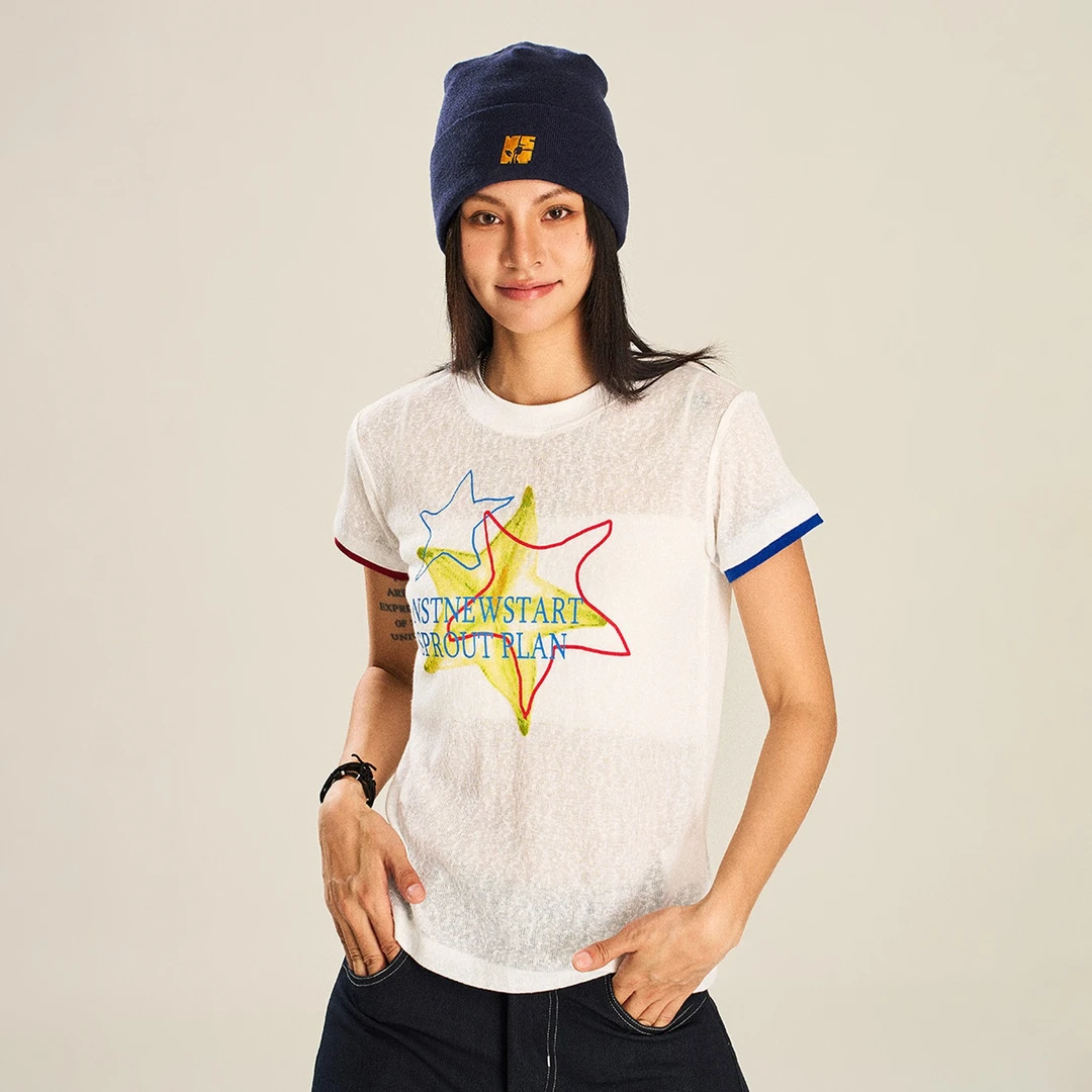 NSTNEW START发芽计划“杨桃星星”撞色轻薄微透合身正肩短袖T恤